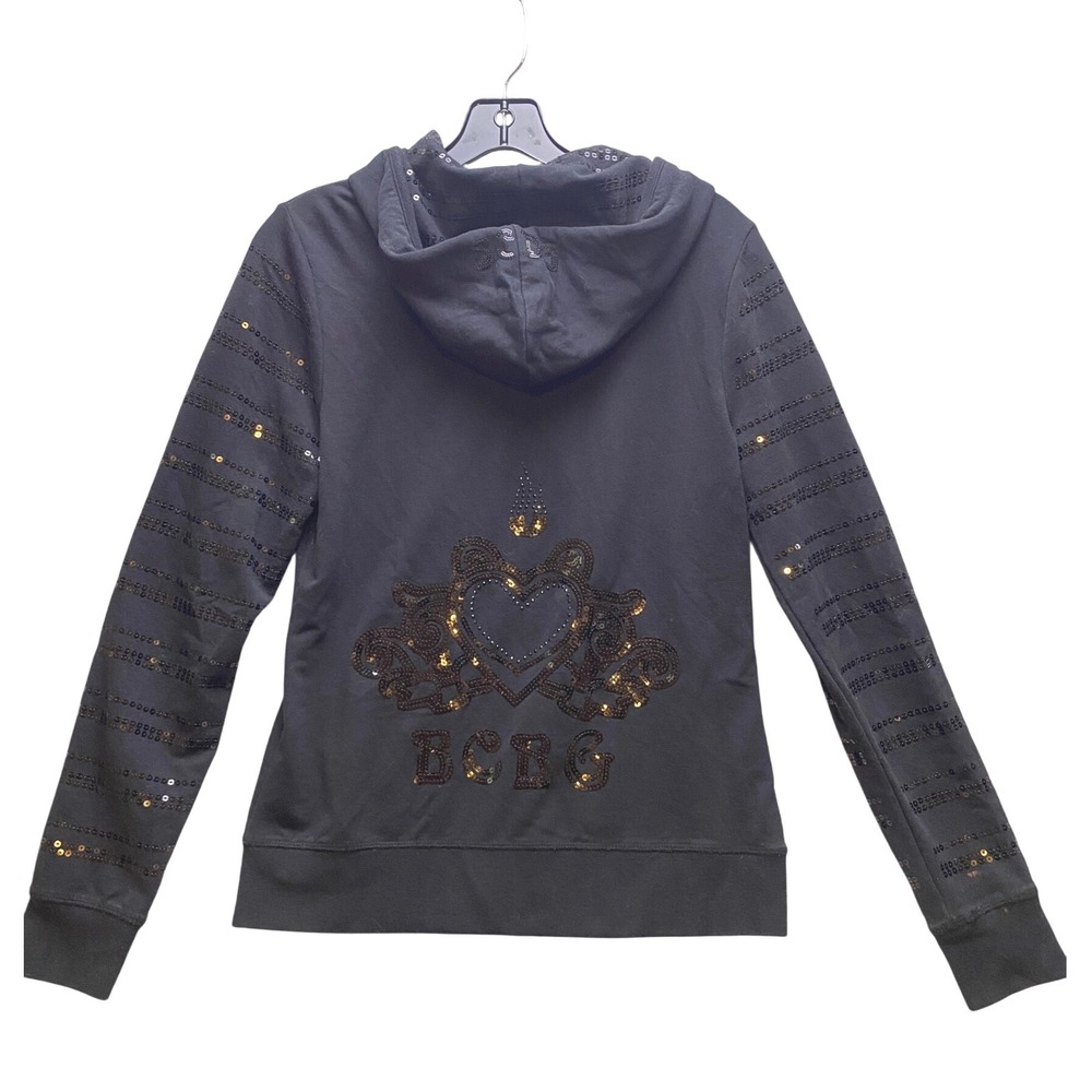 BCBG Jacket Womens Medium Black Sequin Embellished Full Zip Up Hoodie Athleisure